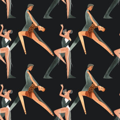 Dancing as a hobby for adults. ProAm in a dance studio. Seamless watercolor pattern for textile and fabric design for training dresses, bodysuits and suits. Merch for a dance studio.