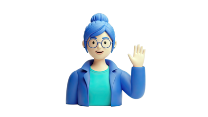 3D Cartoon Woman with Blue Hair and Glasses Waving