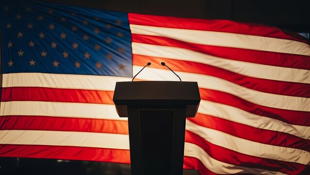 Empty podium and microphones against a large American flag, ready for speaker at a political rally.