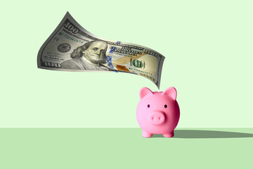 Conceptual illustration of a US dollar bill falling into a piggy bank, symbolizing saving money, income management, personal finance growth, and wealth accumulation.