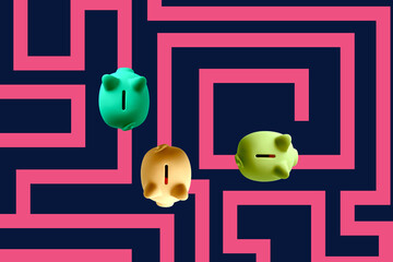 Abstract financial illustration of colorful piggy banks lost inside a maze, financial decision making, budgeting complexity, economic uncertainty.