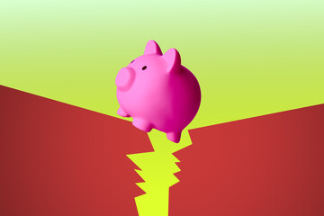 Conceptual image of a piggy bank standing on a crack, representing financial instability, economic risk, fragile savings, and uncertainty in personal or global finance.