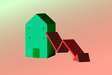 Conceptual image of a house with a sharp downward arrow, representing falling property values, housing market crash, real estate losses, and economic downturn.