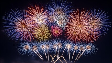 Fototapeta premium Colorful fireworks explode in a dark night sky during a festive celebration