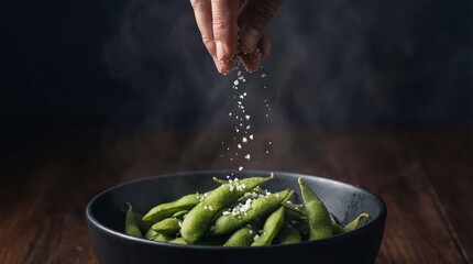 Close-up of hands sprinkling sea salt over a bowl of steamed edamame beans in a dark moody setting.