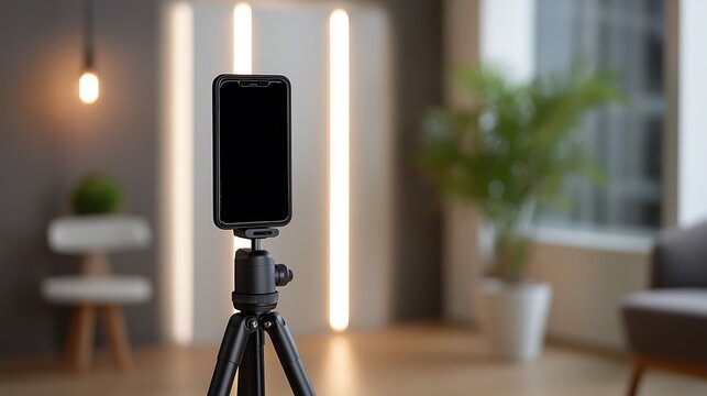 Vertical Short Form Video Creator Workspace with Smartphone on Tripod and LED Lighting in Modern Home Studio
