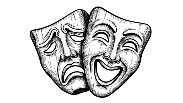theater masks sketch raster illustration Black and white hand drawn