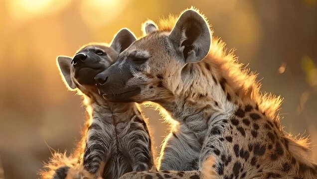 Hyena mother and cub embrace in the golden sunlight of the African savanna.