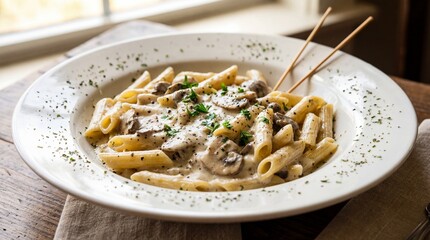 Penne pasta in a creamy mushroom sauce topped with fresh herbs and black pepper in a white bowl.