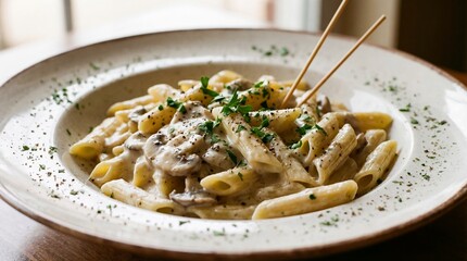 Close-up of delicious penne pasta with mushrooms and garlic cream sauce garnished with parsley.