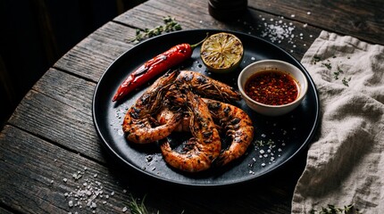Grilled tiger prawns with charred lime and chili dipping sauce on a dark rustic wooden background.