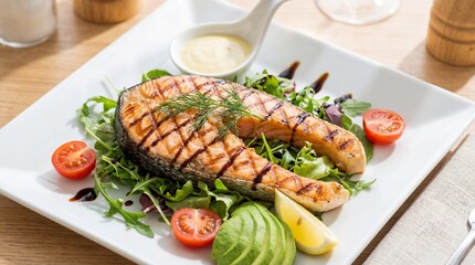 Perfectly seared salmon fillet served on a bed of greens with avocado, cherry tomatoes and citrus sauce.