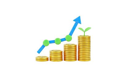 Financial growth graph with coins and sprouting plant