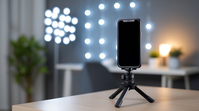 Vertical Short Form Video Creator Workspace with Smartphone on Tripod and LED Lighting in Modern Home Studio
