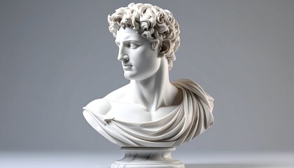Classic white marble bust of a man with curly hair and a draped garment