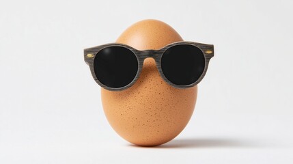 Brown egg wearing stylish wooden sunglasses creating a humorous anthropomorphic character on white background