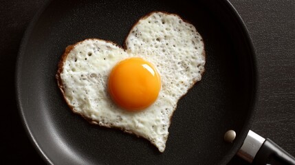 Heart shaped fried egg cooking in a pan, symbolizing love, breakfast, and cooking