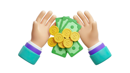 Hands holding US dollars and gold coins