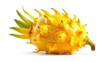 Vivid close-up of a yellow, spiky tropical fruit on a clean white backdrop