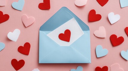 Blue envelope with heart shaped letter on pink background surrounded by scattered hearts