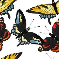 Butterfly. Black swallowtail, Eastern tiger swallowtail, Red admiral. Seamless watercolor pattern for printing on fabric, textiles, wrapping paper, bags, notebooks and notepads.