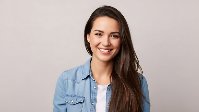Smiling Young Woman Wearing Denim Shirt on Gray Background