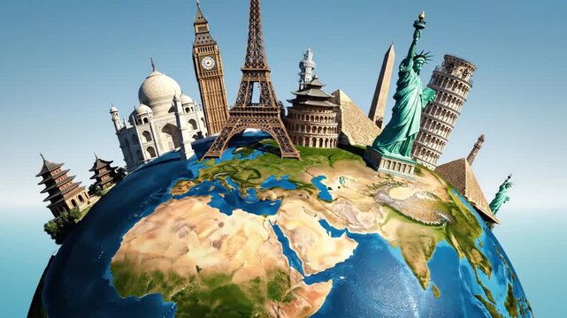 A vibrant illustration showcases iconic global landmarks the eiffel tower big ben statue of liberty and taj mahal atop a world globe