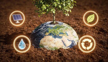 conceptual 3D render of a green tree growing from the top of the earth globe partially buried in rich brown soil surrounded by glowing circular icons for solar energy water and recycling
