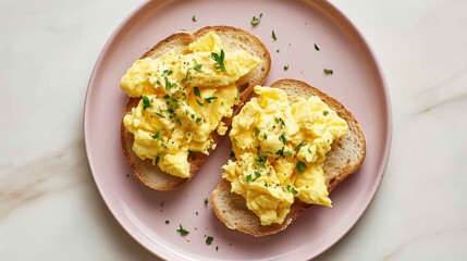 Scrambled eggs on toast served on a pink plate on a marble surface