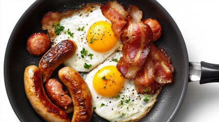 Top view of Frying pan filled with bacon, sausages, and fried eggs with parsley and pepper