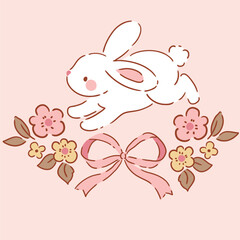 Cute white rabbit character with tiny flowers on isolated background. Hand drawn Easter bunny illustration. Perfect for logo, sticker or nursery print design. EPS10 vector file.