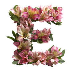 Top view of a 3D letter E made of fresh Alstroemeria flowers isolated on a white transparent background