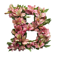 Top view of a 3D letter B made of fresh Alstroemeria flowers isolated on a white transparent background
