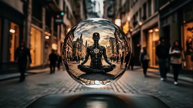 Glass ball placed on city street pavement displays inverted reflection of meditating cyborg, contrast between urban architecture and futuristic robot creates deep cybernetic zen meaning