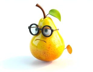 A cartoon pear, wearing glasses and a concerned expression, on white
