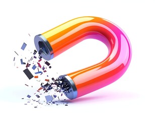 U-shaped magnet, colorful gradient, attracting scattered fragments