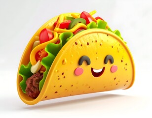 Smiling cartoon taco with vegetables, meat, and a friendly face