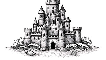 Obraz premium sand castle sketch engraving vector illustration T-shirt apparel print design Scratch board imitatio