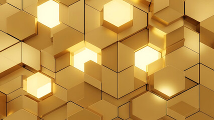 Abstract Golden Hexagons Background with Luminous Geometric Pattern and Luxurious Metallic Texture for Digital Concepts