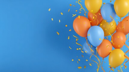 Celebratory balloons bursting against blue sky