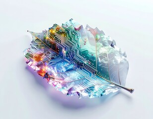 Digital circuits overlaid on a stylized leaf, blending nature and tech