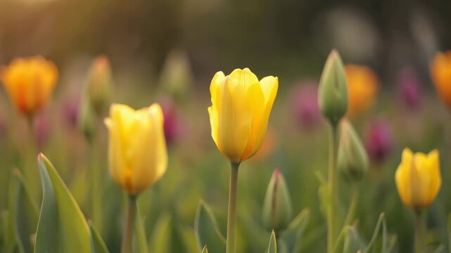 Cinematic footage of yellow tulips blooming in spring garden under sunlight motion with cinematic footage time lapse 183 characters