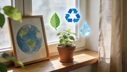 Sustainable lifestyle home decor with green potted plant earth world map frame and glowing digital ecological icons for recycling and water conservation on sunny window sill