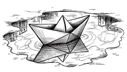 paper boat in a puddle sketch raster illustration Black and white hand drawn