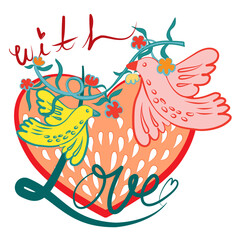 vector illustration of a bird with heart, Set of valentines day doodle sticker vector flat illustration. Collection of love symbol and romantic elements cartoon character. Hand drawn 14 february isola