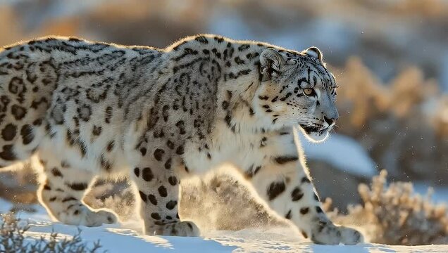 Magnificent snow leopard gracefully navigating its snowy habitat in golden light
