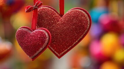 Shimmering red heart ornaments hanging in festive display