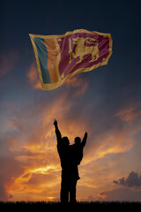 Father with son and the flag of Sri Lanka for national independence day