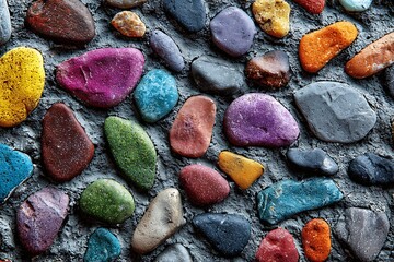 Colorful painted rocks on dark surface