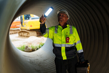 Male engineers are checking the integrity and safety of the pipeline.	
